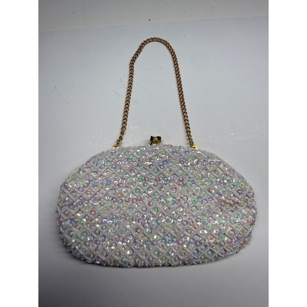 Vintage 1960s La Regale Iridescent Sequin Beaded Bridal Clutch Purse. Perf cond